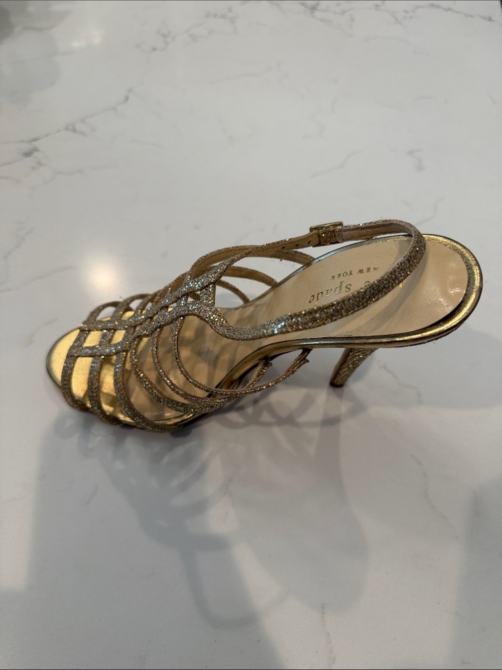 kate spade Metallic Gold Glitter Strappy Stiletto Sandals - Picture 5 of 5